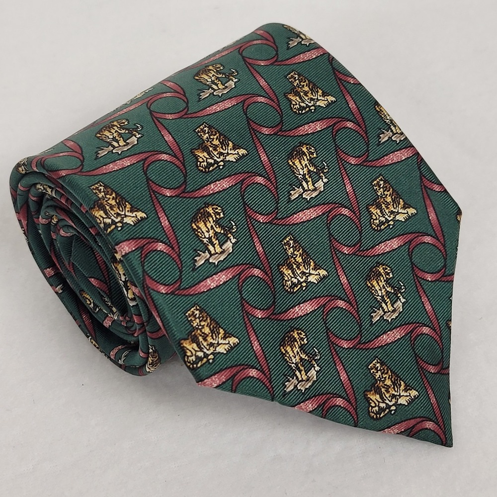 Vintage Bert Pulitzer Silk Necktie USA Green Safari Tiger Novelty 80s 90s